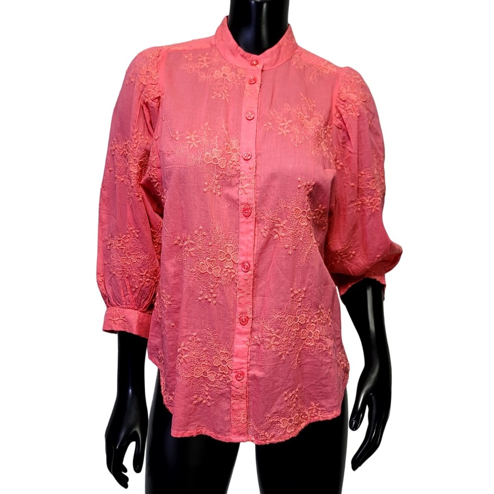 Pilcro by Anthropologie Pink Coral Embroidered Puff Sleeve Blouse XSP Floral
